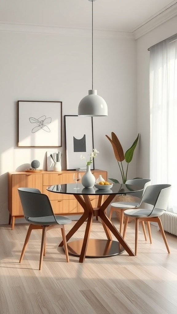 A small round dining table with wooden legs and gray chairs in a minimalist dining area.