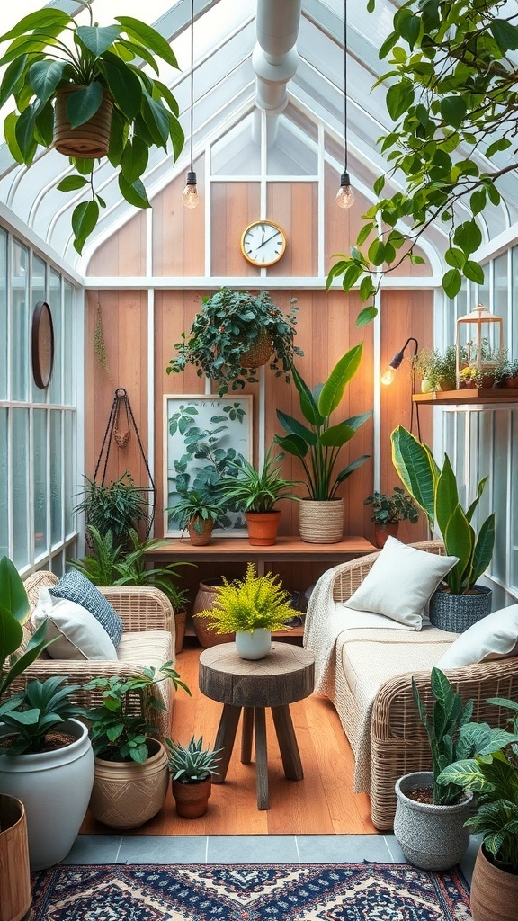 A cozy small greenhouse filled with various plants, featuring comfortable seating and warm wooden accents.