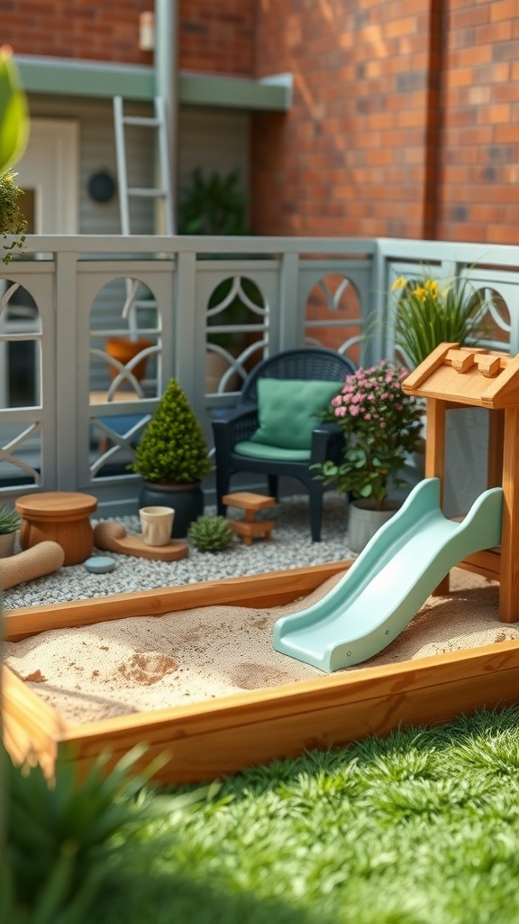 A small backyard play area featuring a sandbox and slide, surrounded by plants and seating.