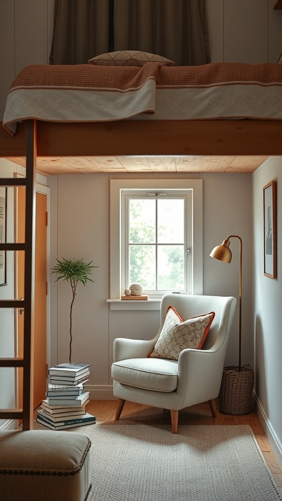 Cozy reading nook with a loft bed, armchair, and window