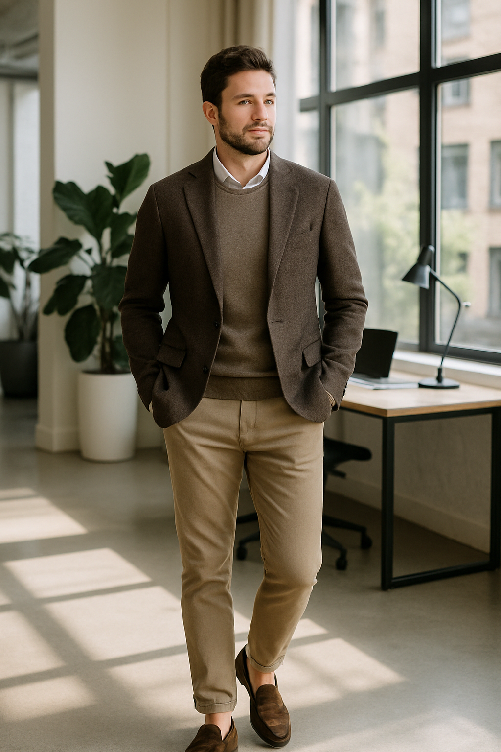 A man in a brown blazer and sweater, wearing light-colored chinos and brown loafers, standing in a modern office space.