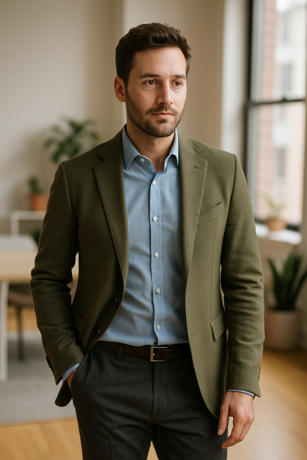 A man wearing an olive blazer over a light blue shirt, paired with gray trousers, standing in a modern office setting.