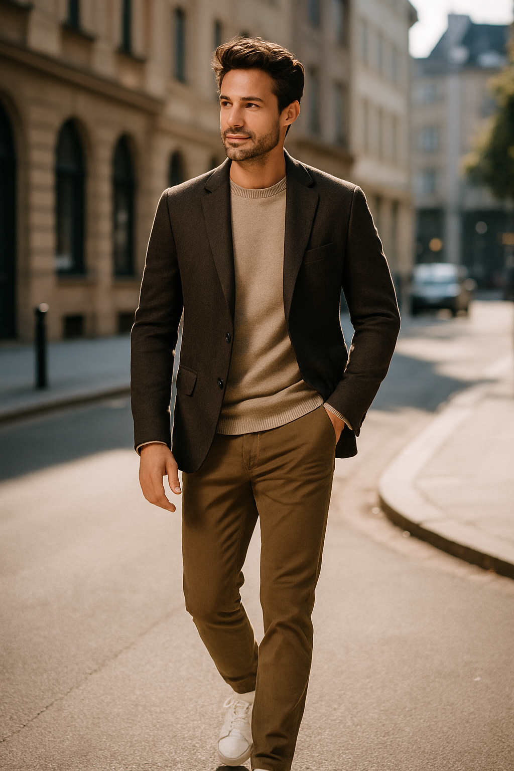 A man in a smart-casual outfit featuring a blazer, sweater, tailored pants, and white shoes, walking on a street.