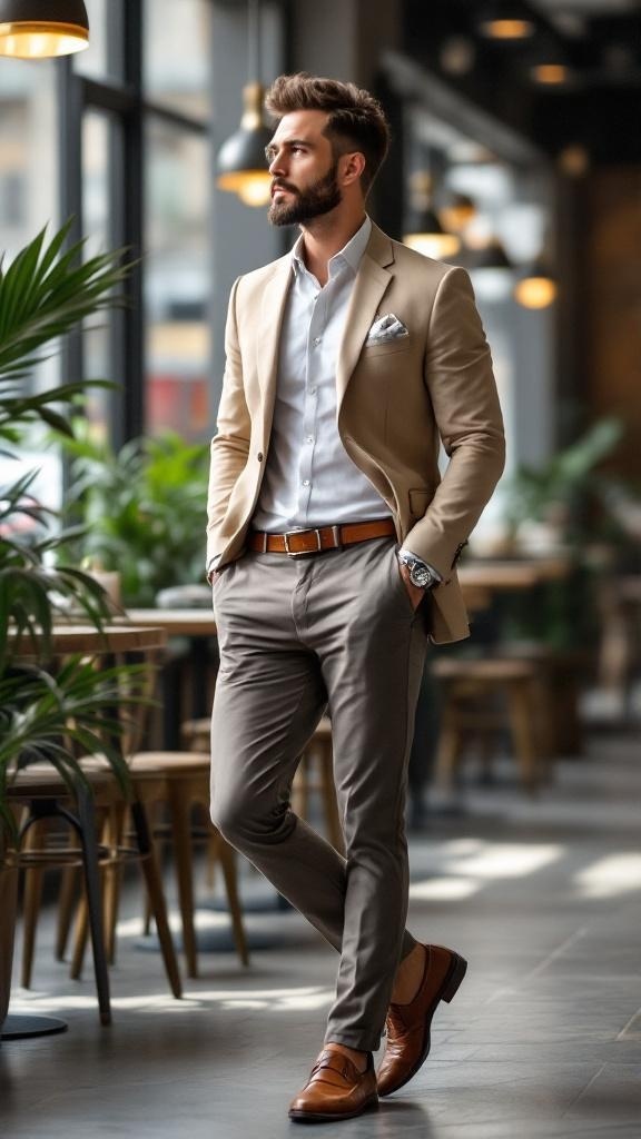 A man in a beige blazer and chinos, standing in a stylish cafe.