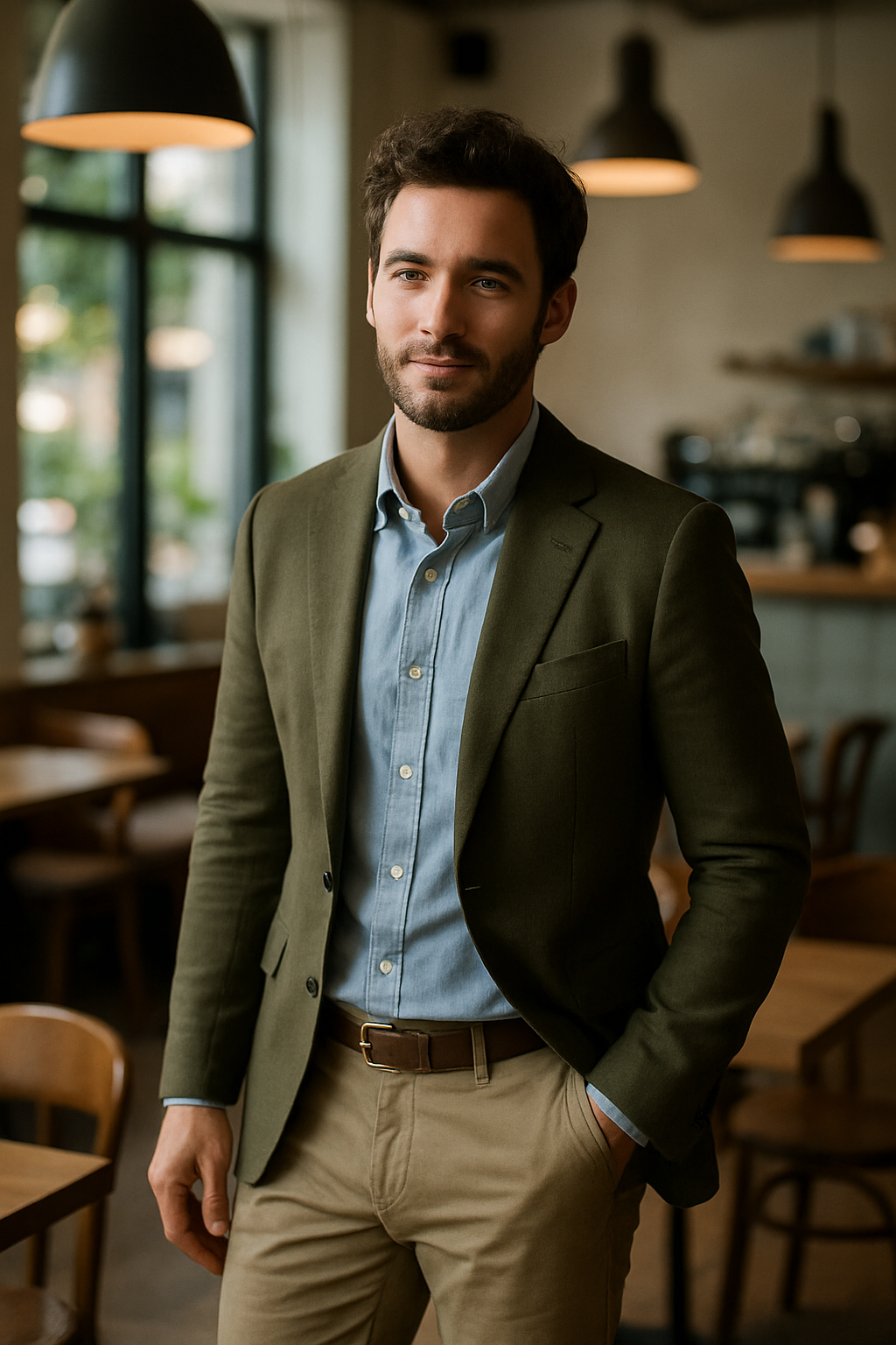 A man wearing an olive blazer over a light blue shirt and khaki pants, standing in a cafe.