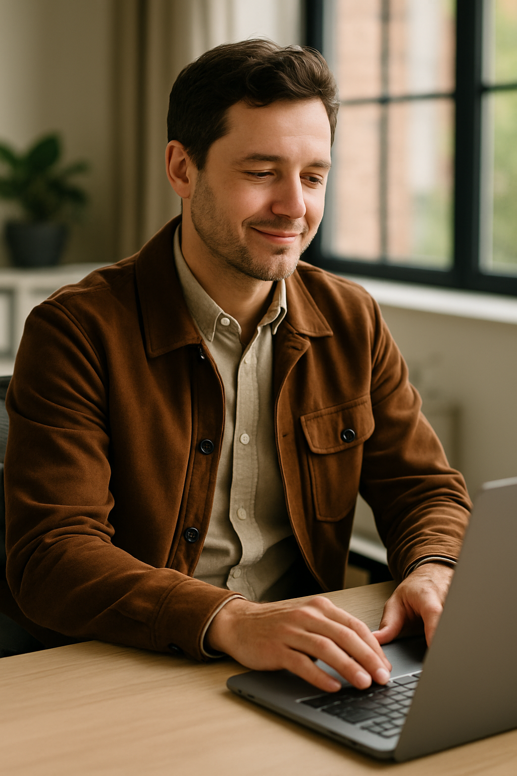A man in a brown jacket working on a laptop at a desk.