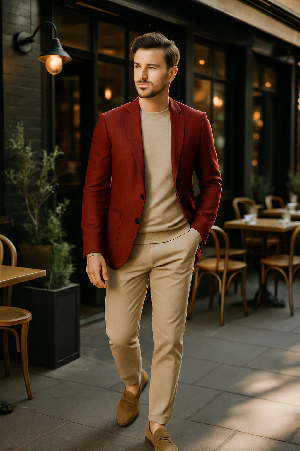 Man wearing a red blazer with beige chinos, walking confidently in a stylish outdoor setting.