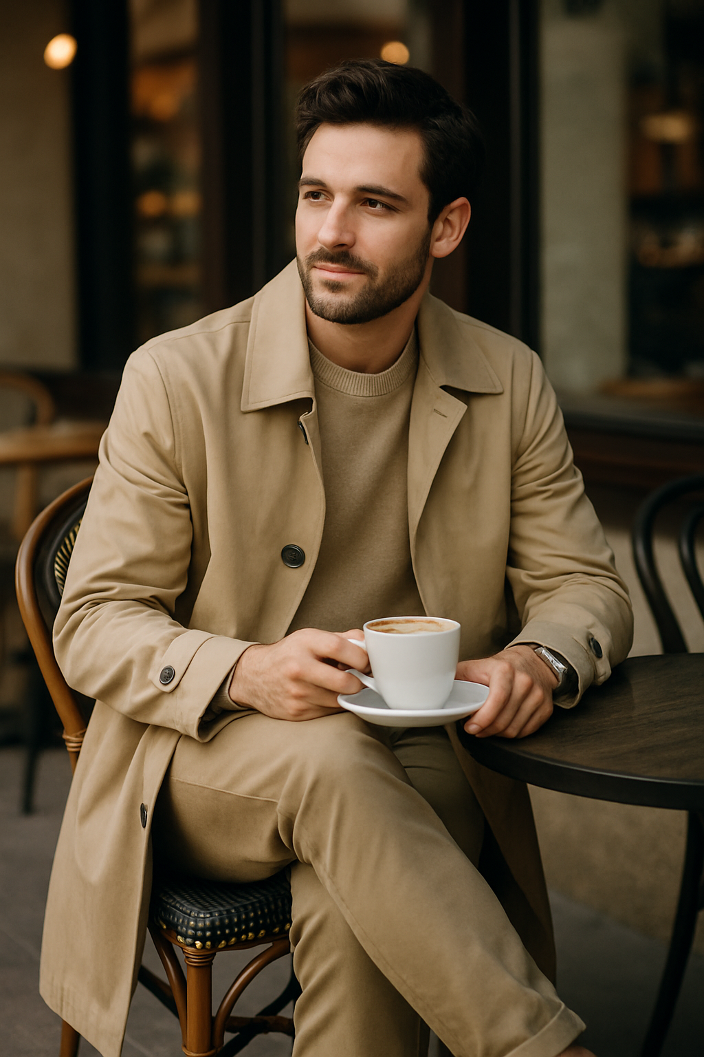 A man in a beige trench coat sitting at a café, holding a cup of coffee.