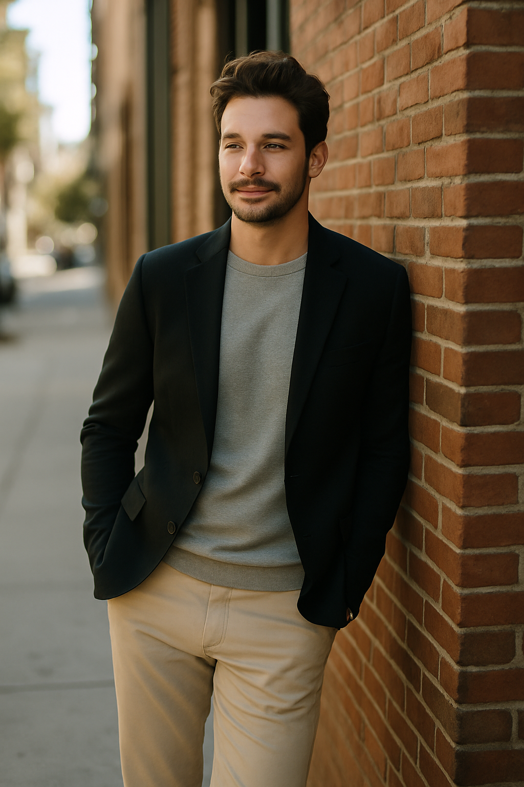 A man in a formal black blazer and gray sweater, leaning against a brick wall, wearing light-colored chinos.