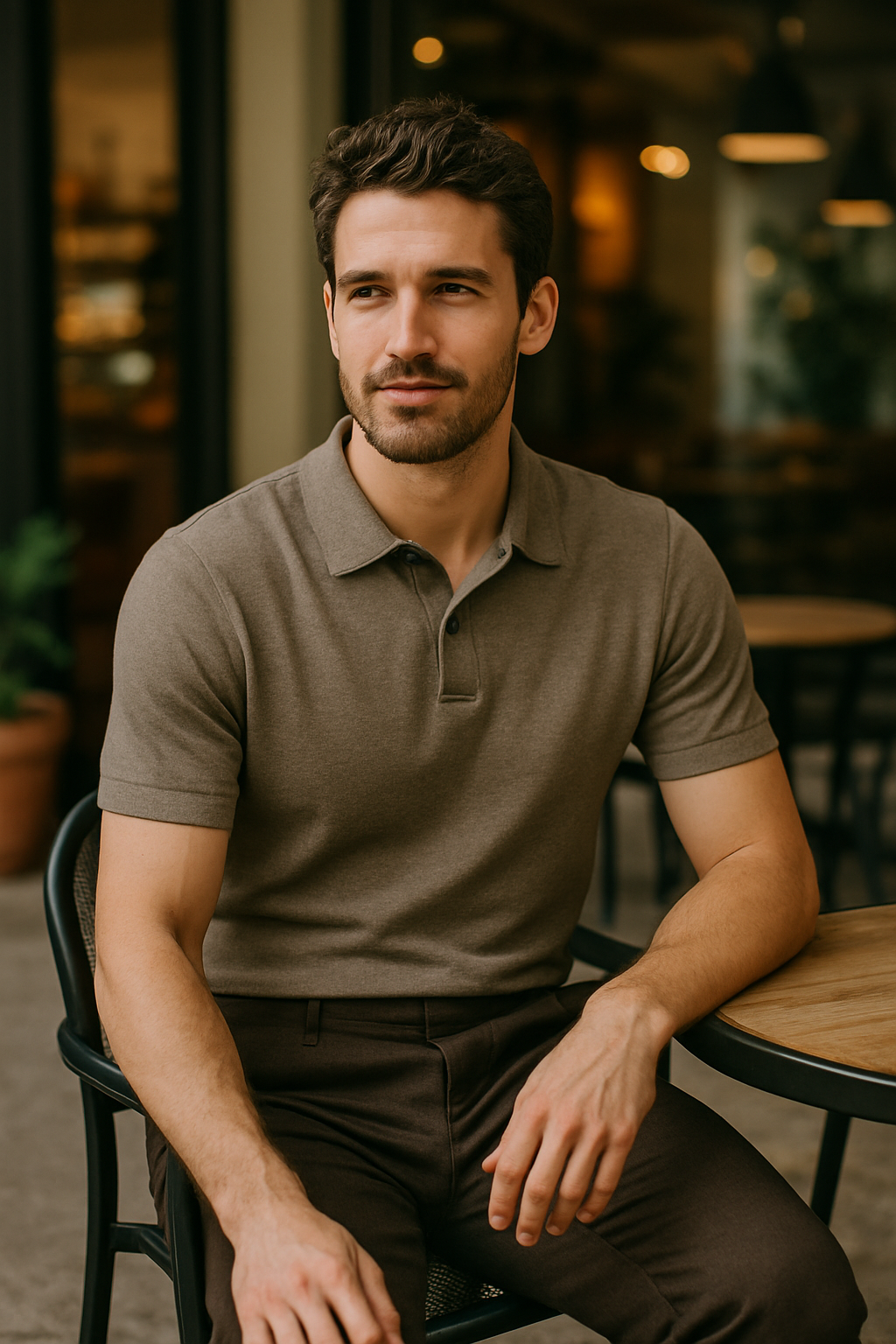 A man wearing a brown polo shirt and dark trousers, sitting at a cafe.
