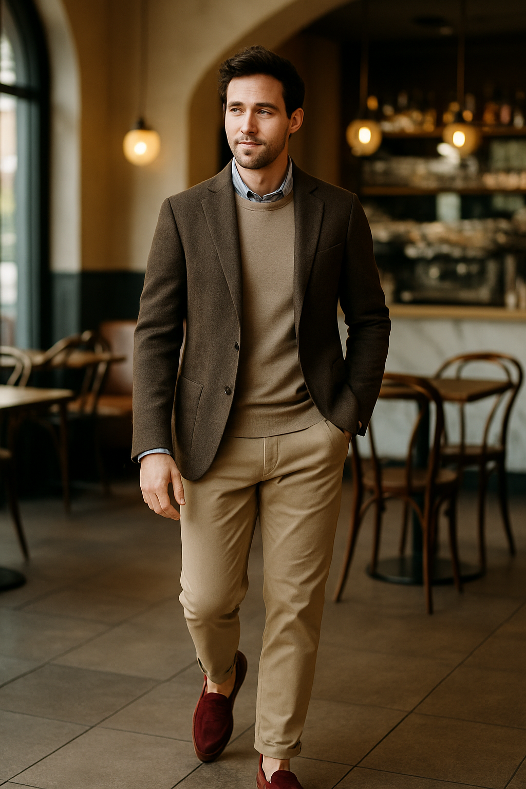 A man in a brown blazer, light sweater, and khaki pants, wearing red loafers, walking in a cafe.