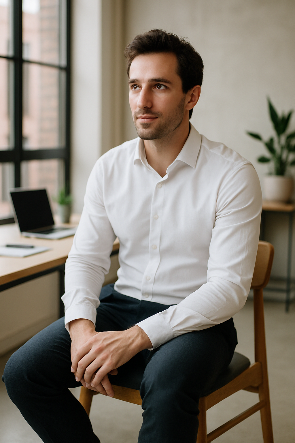 A man sitting in a chair wearing a white button-up shirt and dark trousers, looking thoughtful in a modern office setting.