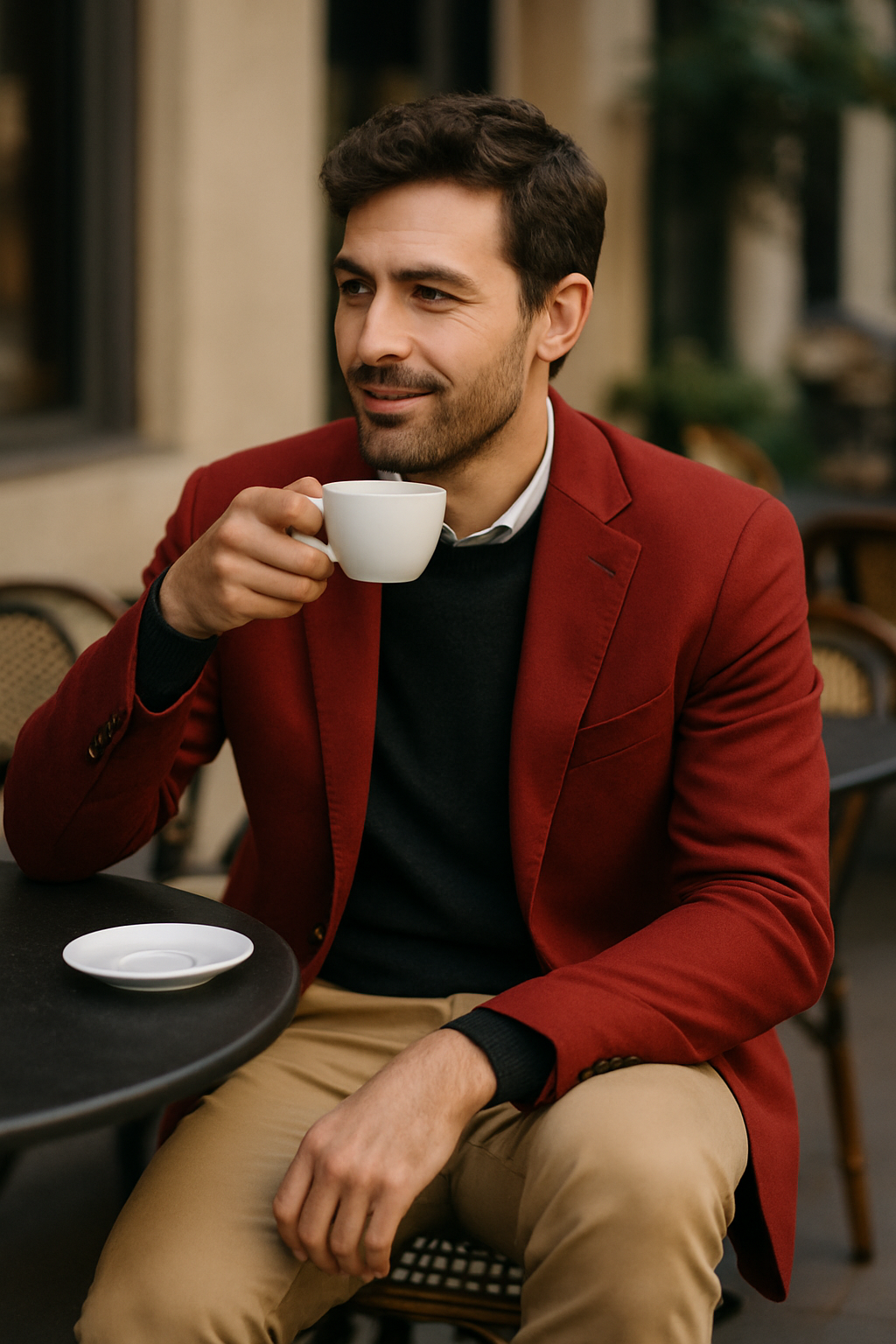 A man wearing a red blazer and chinos, enjoying coffee at a cafe.