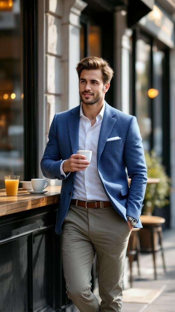 A man wearing a blue blazer and chinos, holding a cup of coffee, standing in a café setting.