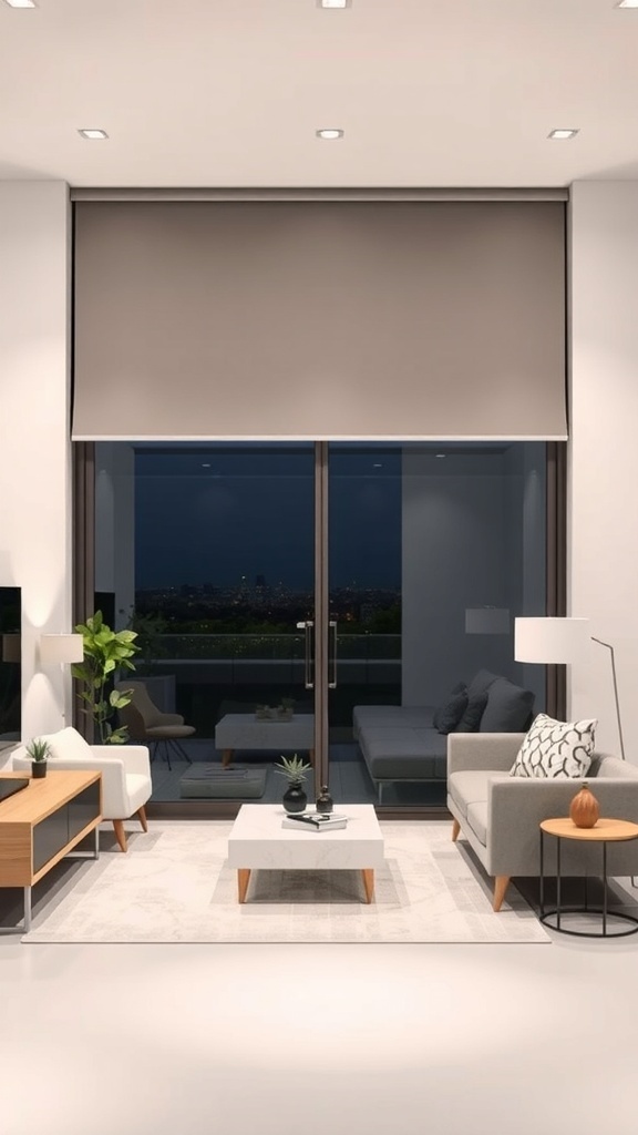 A modern living room with a sliding glass door covered by smart blinds, showcasing a stylish and automated home environment.