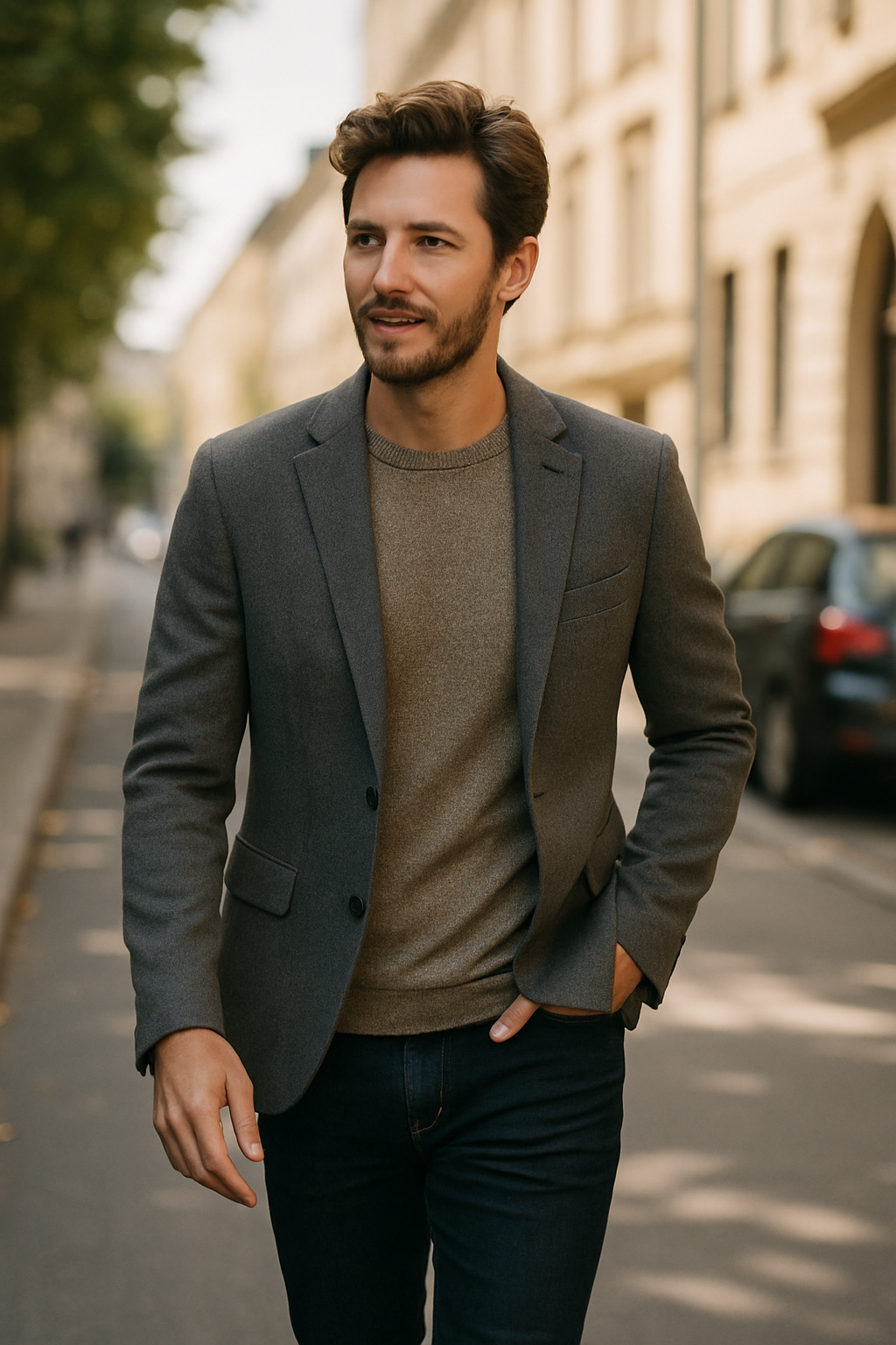 A man wearing a smart casual blazer with jeans, walking down a city street.