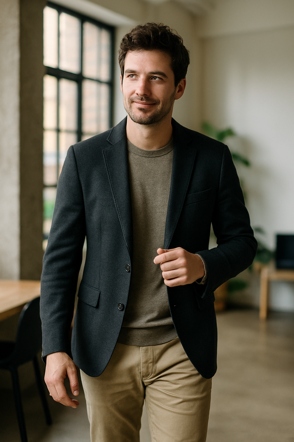 A man wearing a smart casual blazer over a sweater, walking confidently in a modern indoor setting.