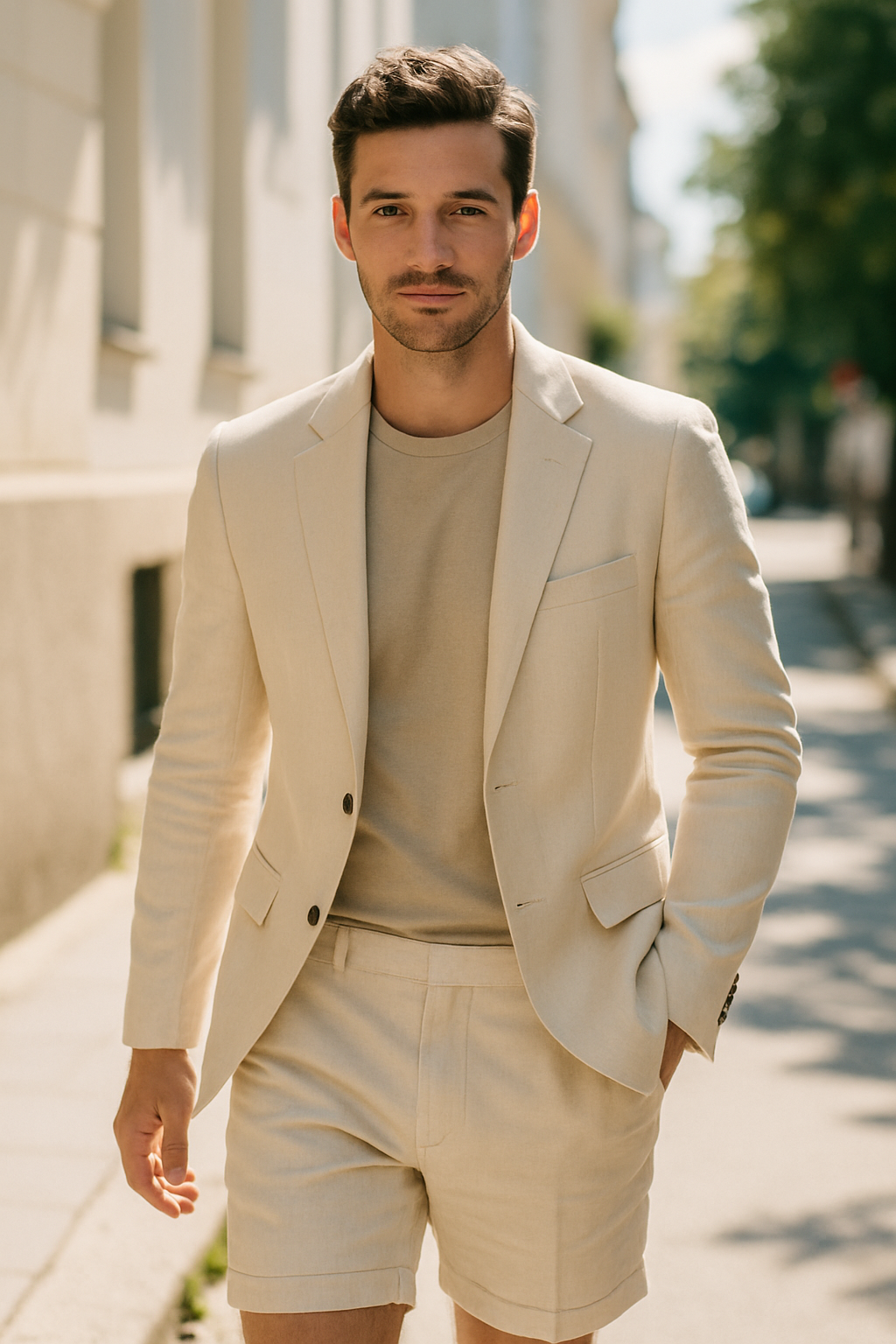 A man wearing a light-colored blazer and matching shorts, walking on a sunny street.