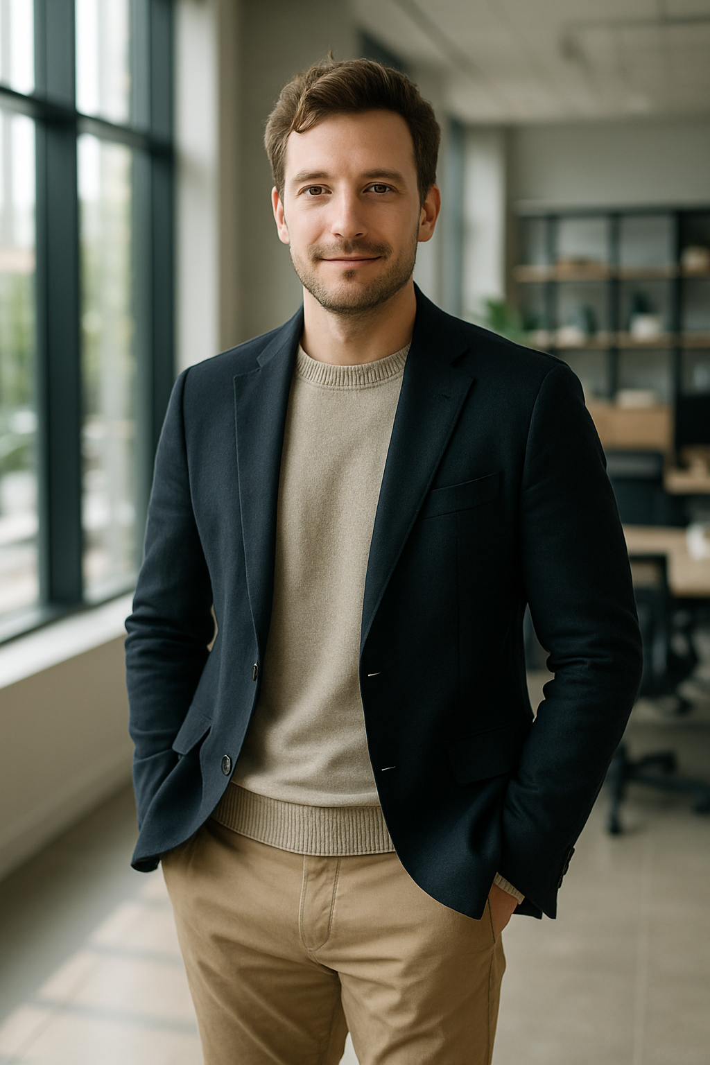 A man in a smart blazer and sweater posing in a modern office setting.