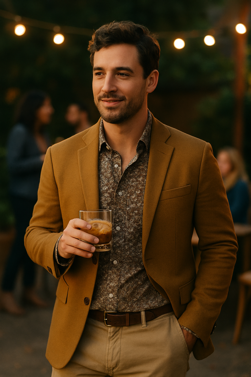 Man wearing a mustard blazer with a patterned shirt, holding a drink at an evening event.