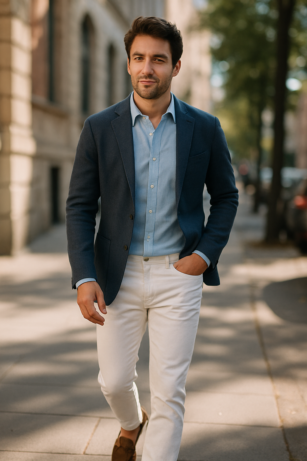 A man wearing white jeans, a light blue shirt, and a navy blazer, walking confidently on a city street.