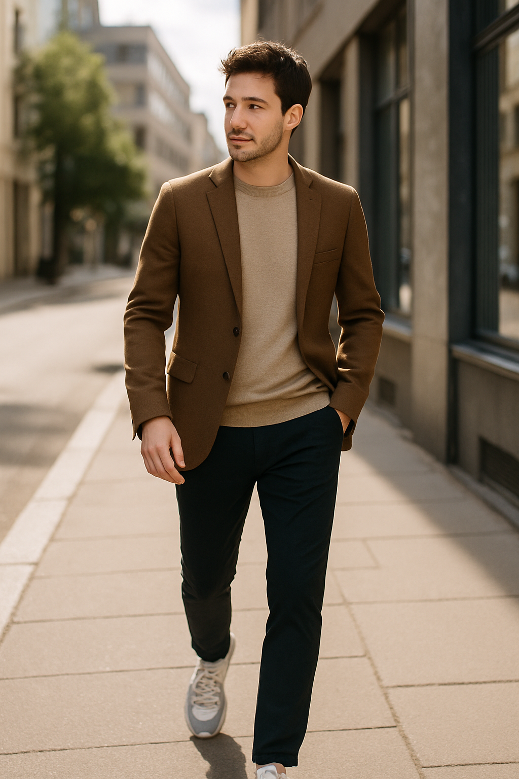 A man walking in a smart casual outfit featuring a brown blazer, beige sweater, navy pants, and sneakers.