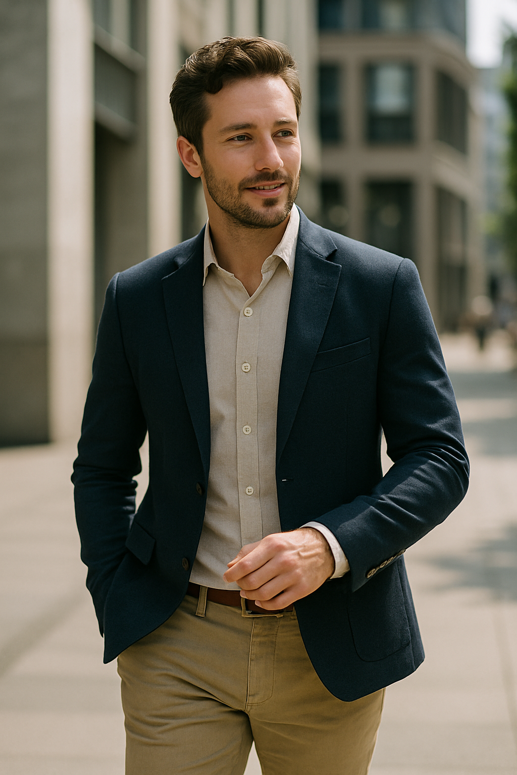 A man in a navy blazer and beige shirt walking outdoors, showcasing a smart casual outfit.