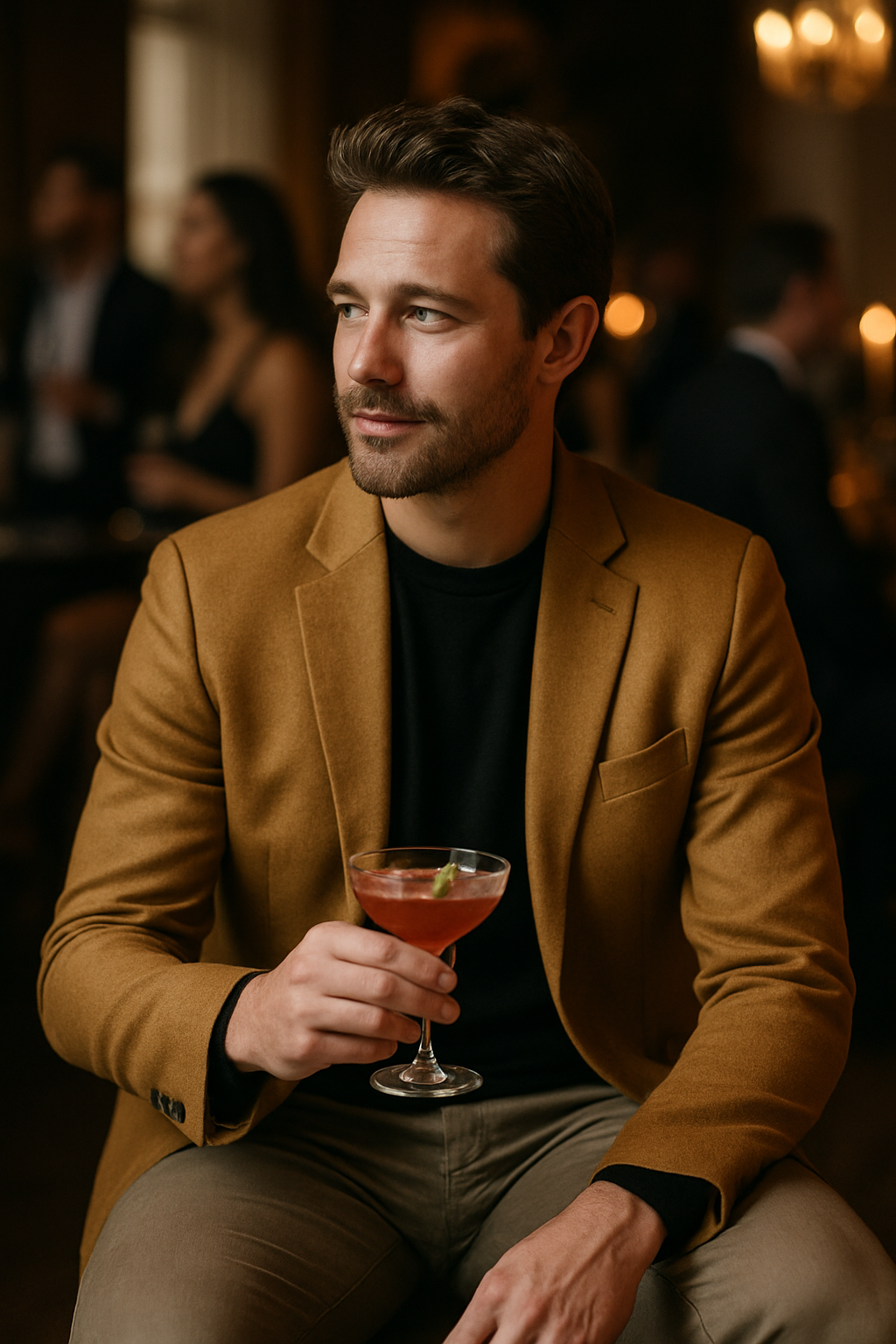 A man wearing a mustard blazer with a black shirt, holding a cocktail in a bar setting.