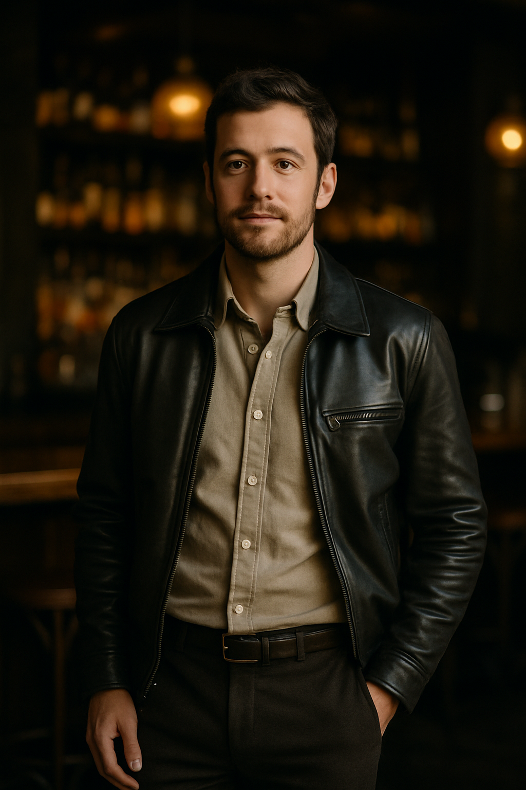 A man in a black leather jacket and light button-up shirt, standing confidently.