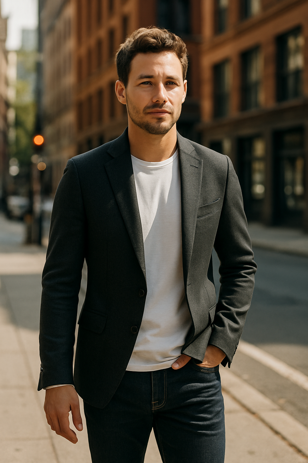 A man wearing a charcoal blazer over a white t-shirt, paired with dark jeans, walking in an urban setting.