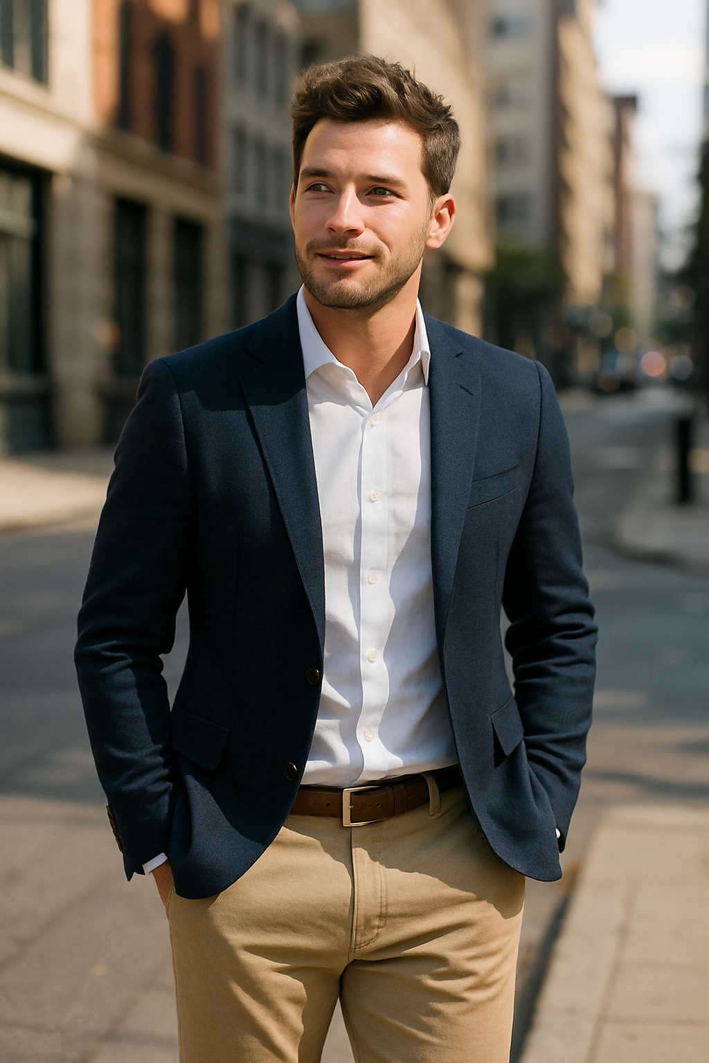A man in a navy blazer and white shirt, wearing light chinos, standing on a city street.