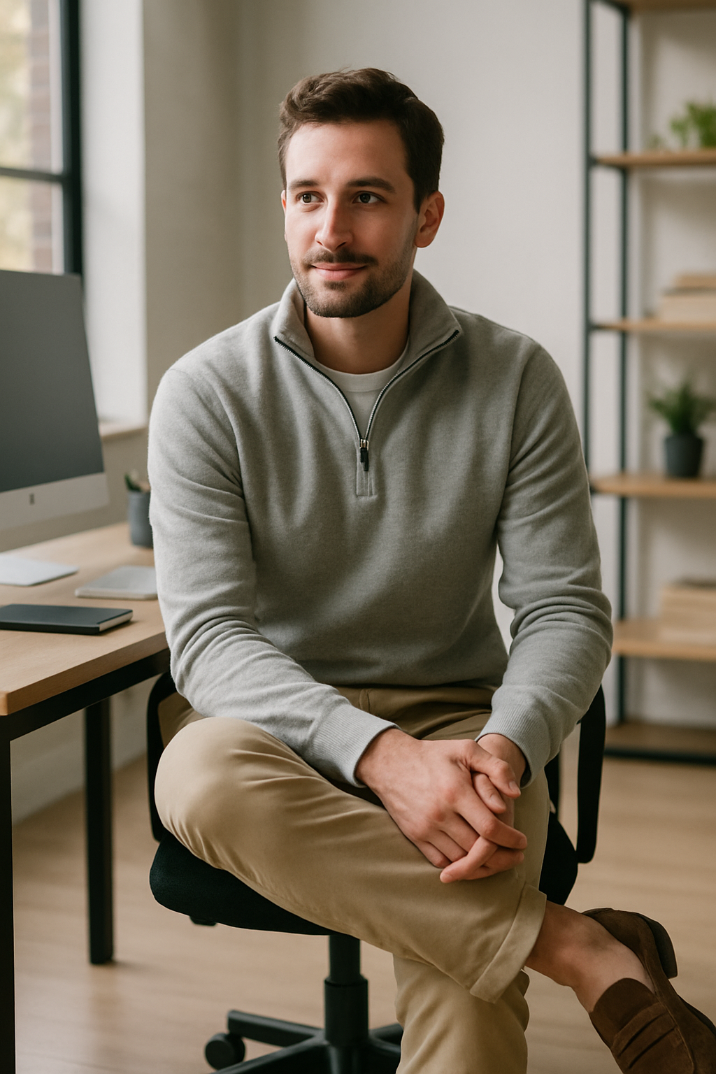 A man in a light gray quarter zip sweater and khaki pants, sitting in an office setting.