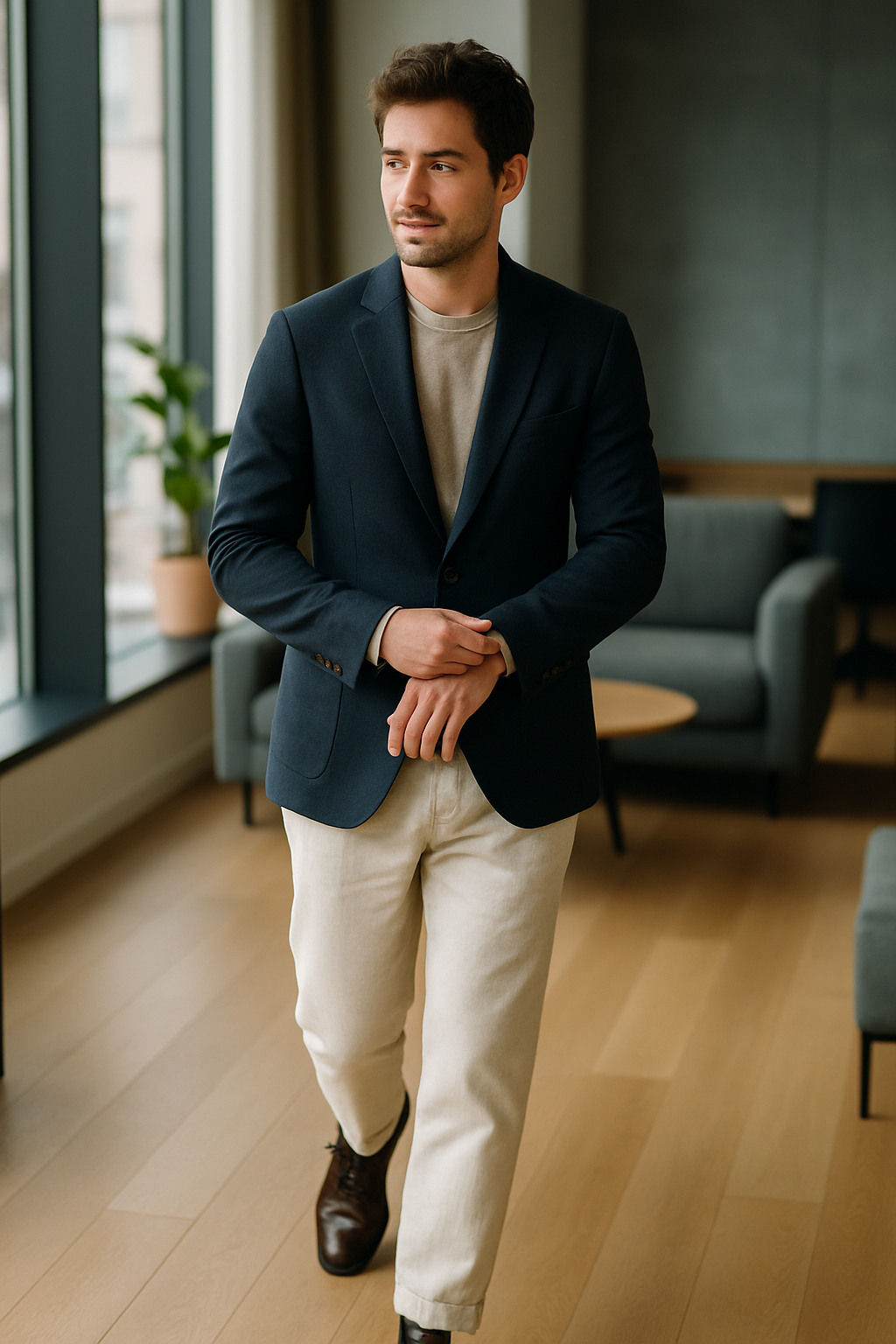 A man in a navy blazer and light-colored linen pants walking in an office setting.