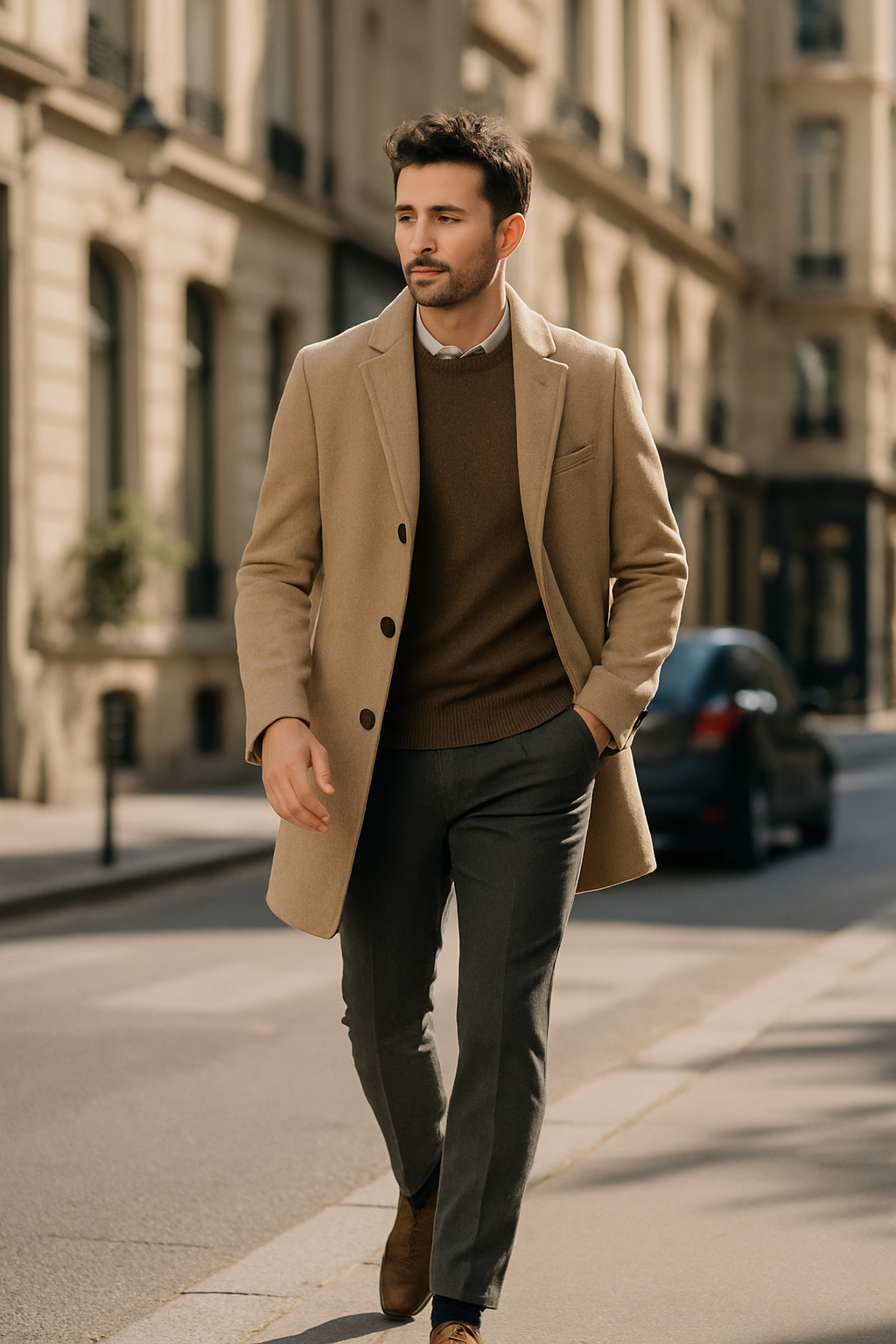 A man in a stylish smart casual outfit featuring slacks and loafers, walking in a city setting.