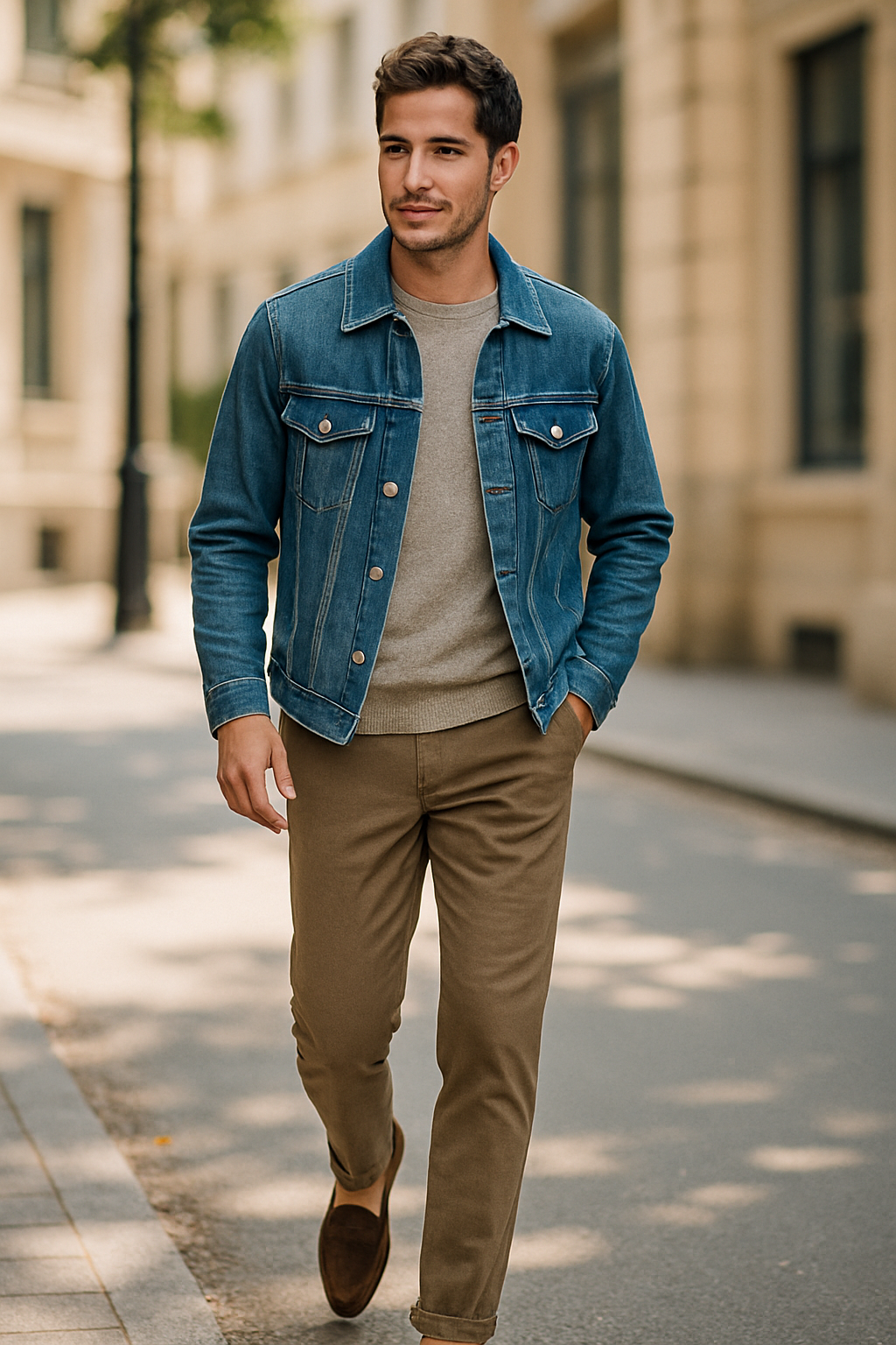 A man walking in a smart casual outfit featuring a denim jacket, light sweater, khaki pants, and brown shoes.