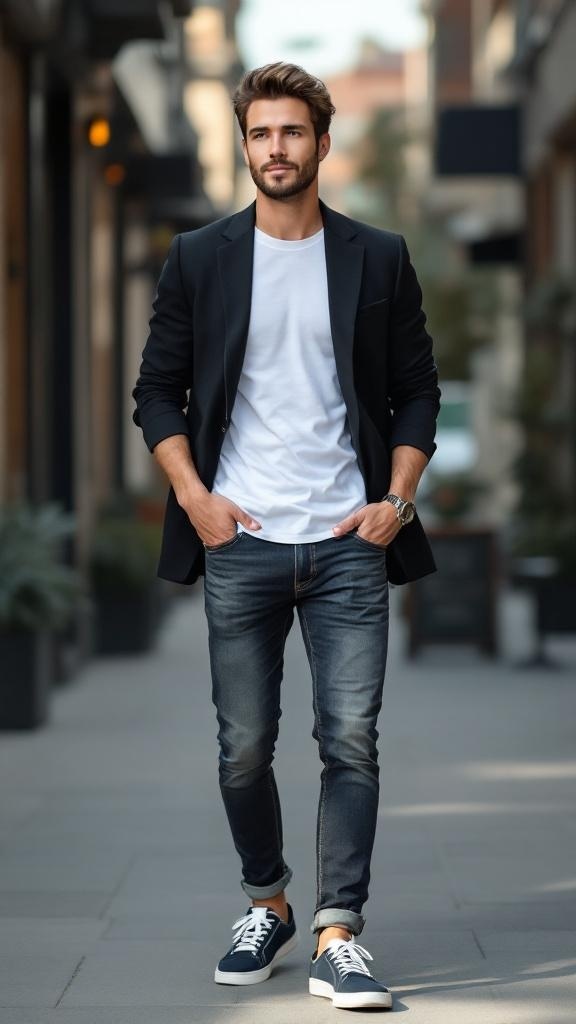 A man wearing a black blazer over a white t-shirt, paired with dark jeans and sneakers, walking confidently on a city street.