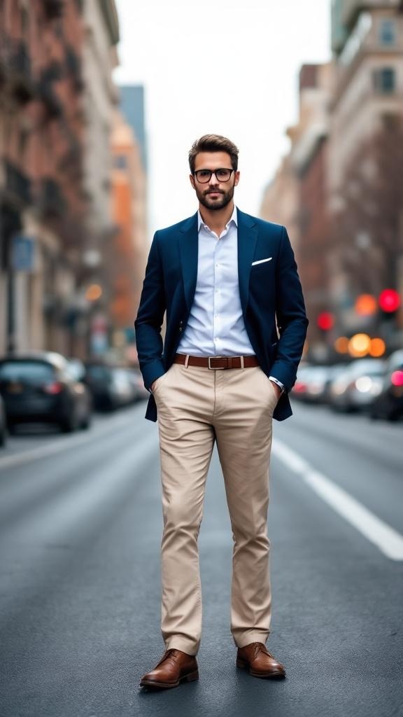 A man in a navy blazer and light chinos standing in the street.