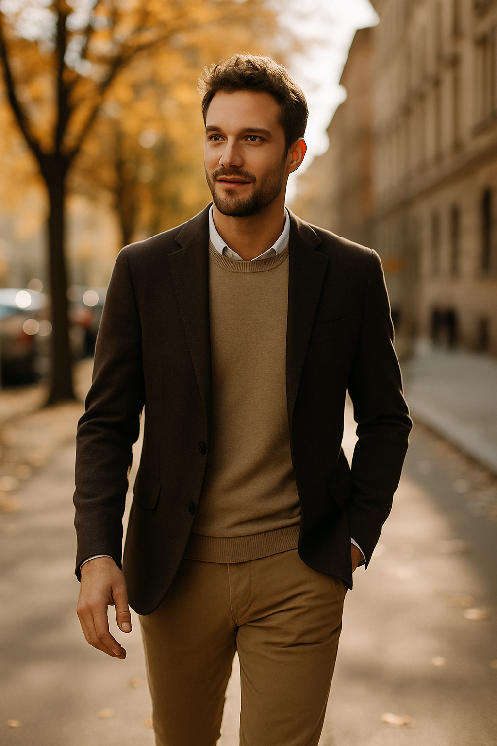 A man in a smart casual outfit featuring chinos, a sweater, and a blazer, walking in an autumn setting.