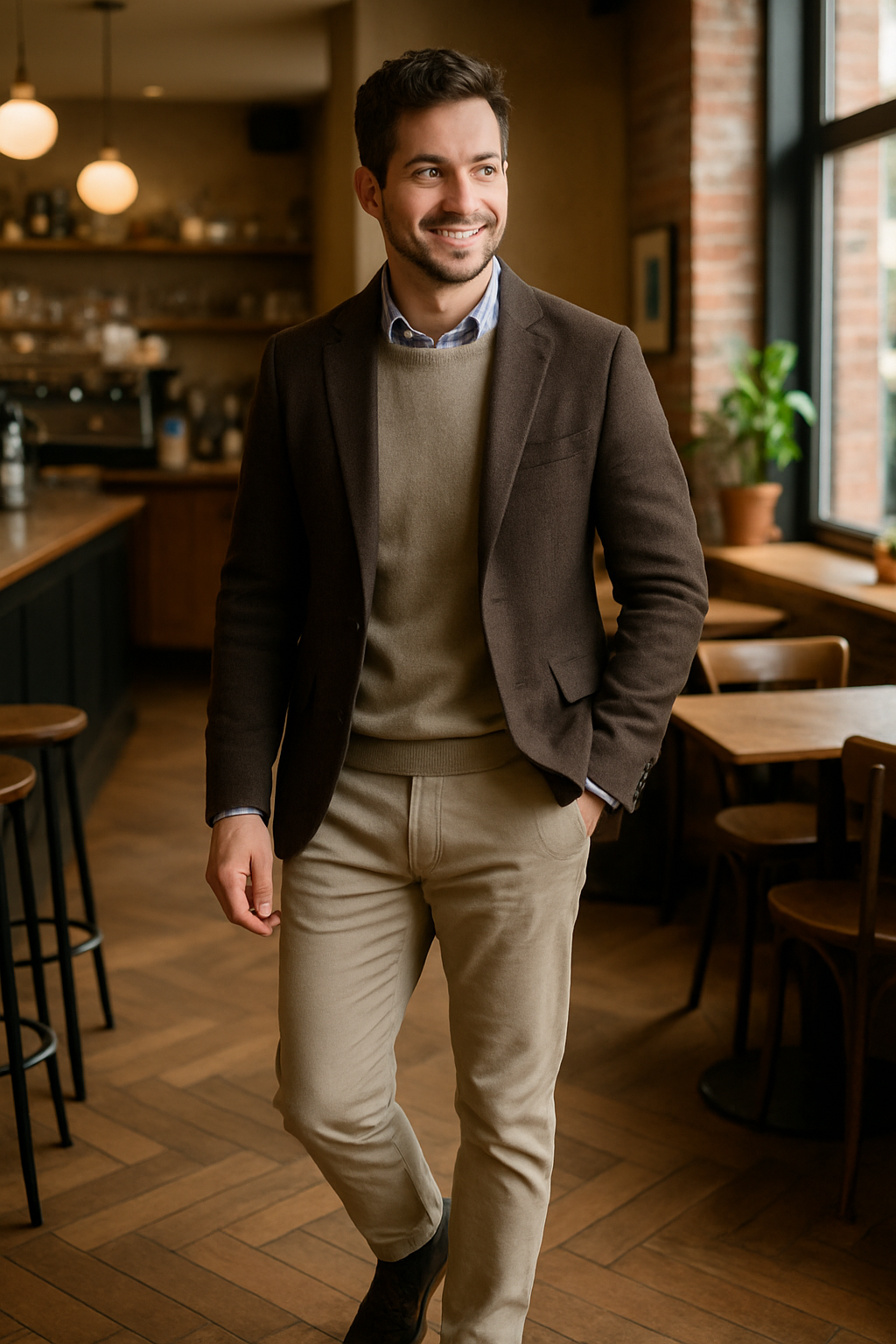 A man in a smart casual outfit featuring chinos, a sweater, and a blazer, smiling in a cozy cafe.