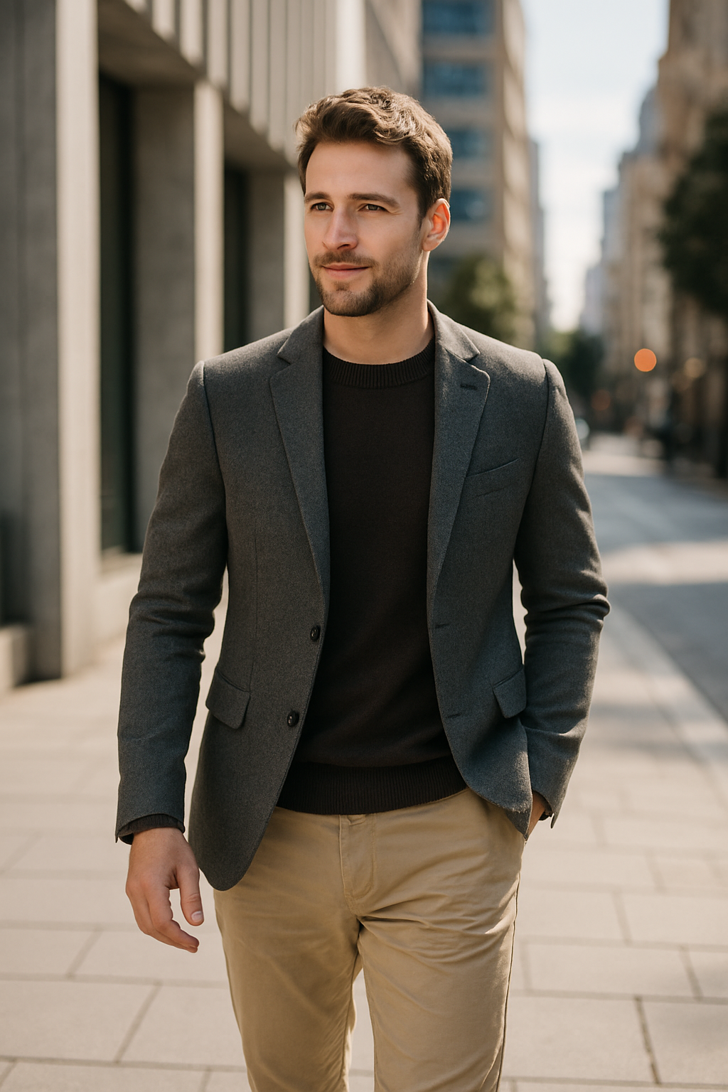 A man walking in a gray blazer and chinos, looking stylish and confident.