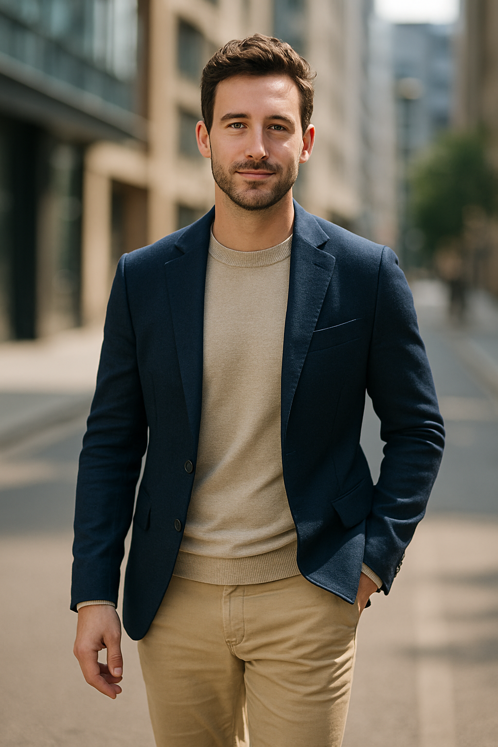 A man wearing a navy blue blazer with a beige sweater and tan chinos, standing on a city street.
