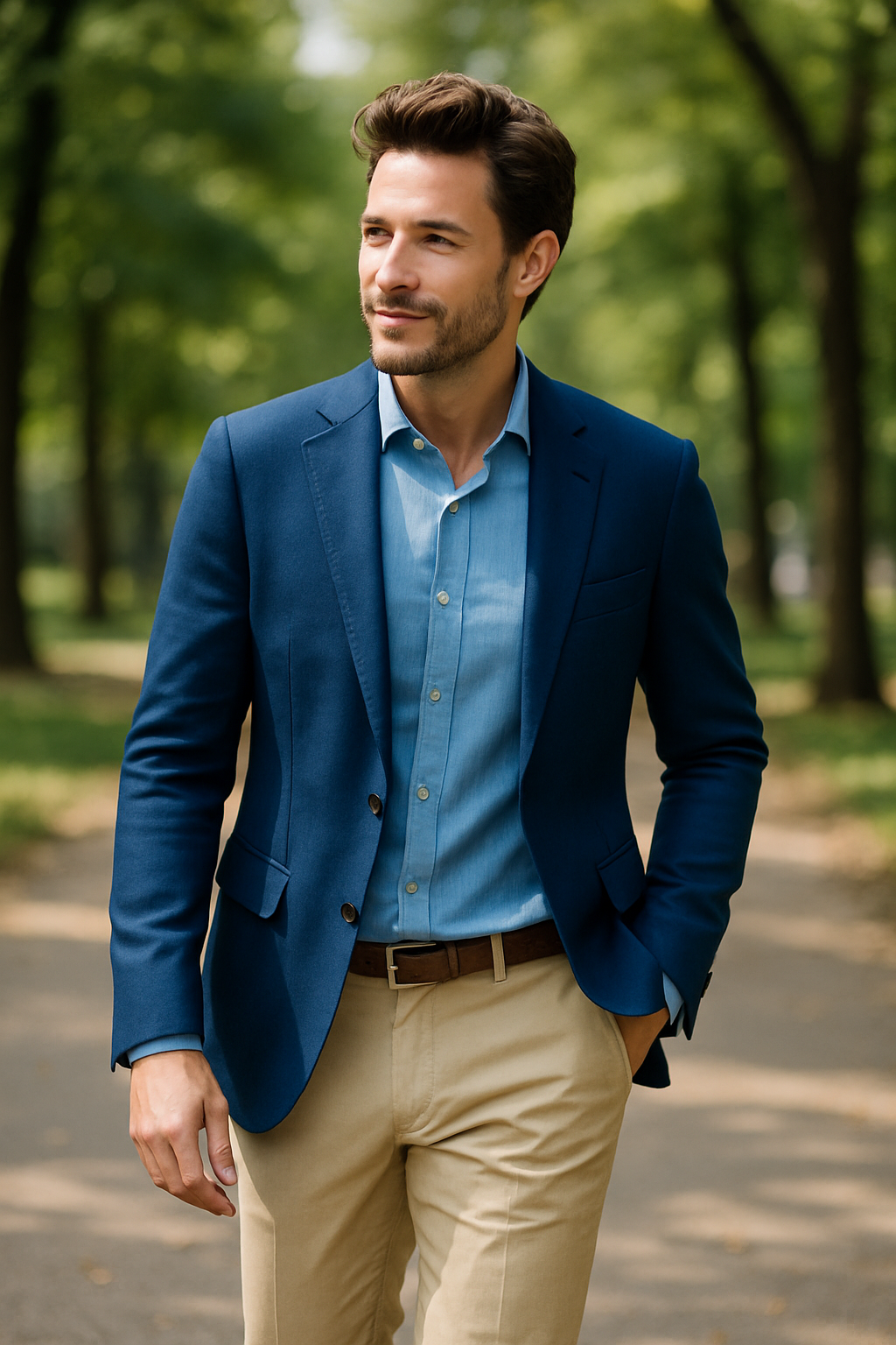 A man walking in a park wearing a royal blue blazer with a light blue shirt and beige chinos.