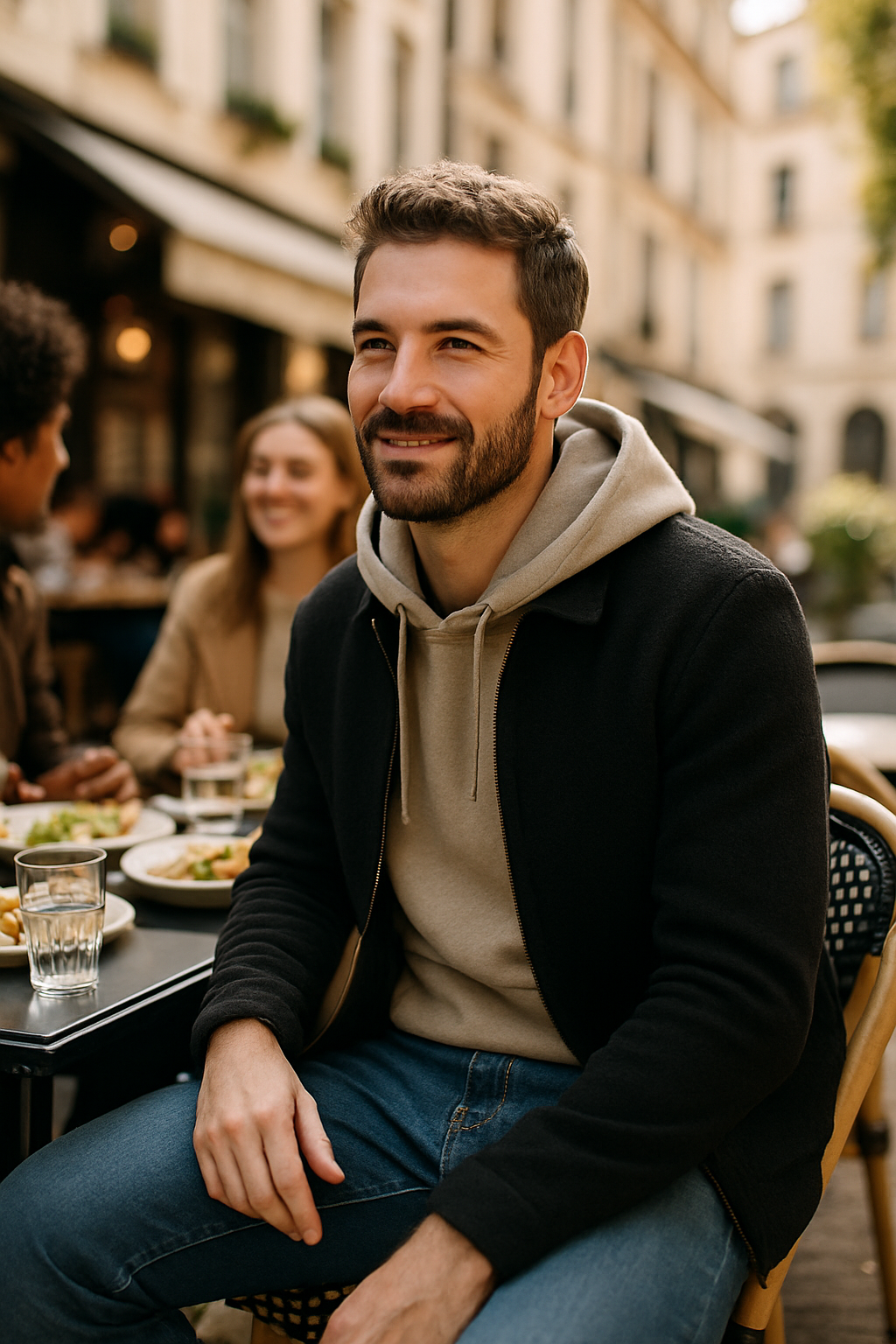 A man wearing a gray hoodie and dark jacket, sitting at a café with friends.
