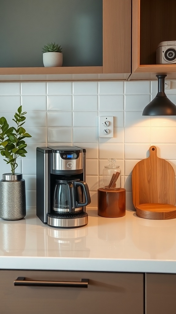 A modern coffee station on a kitchen counter featuring a coffee maker, potted plant, wooden cutting board, and glass jar.