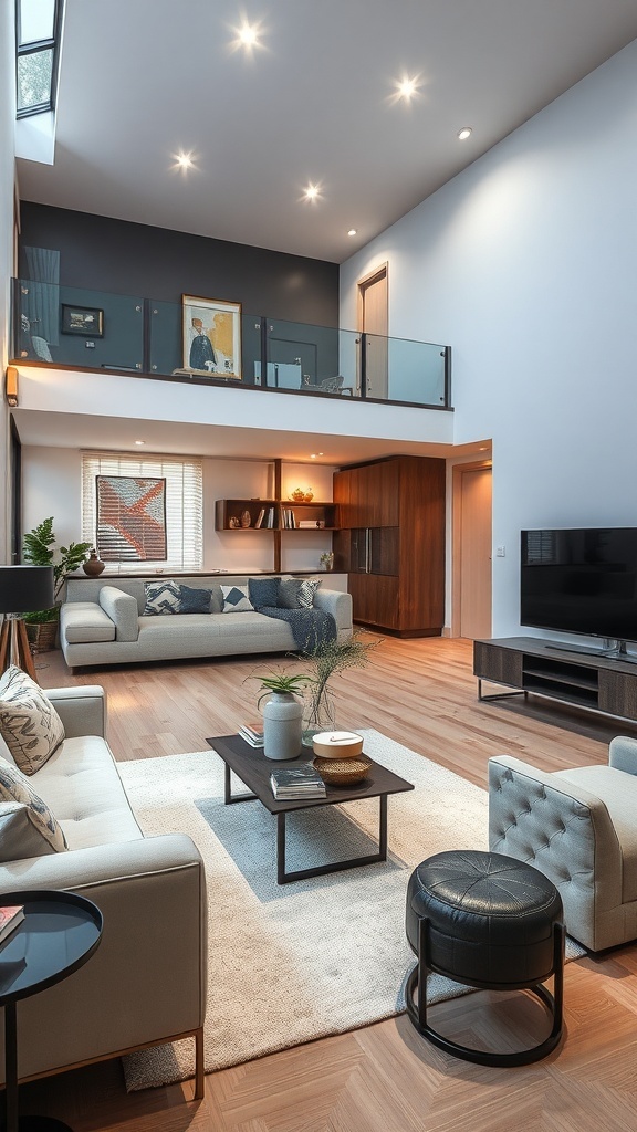 A modern living room with stylish furniture and an open layout, showcasing smart home integration.