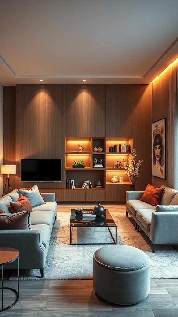 A cozy luxury living room featuring modern furnishings, soft lighting, and a smart TV.