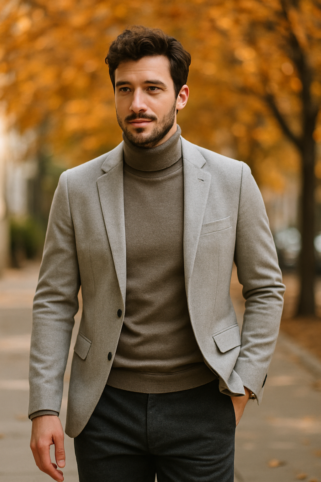 A man wearing a light grey blazer over a brown turtleneck sweater, walking on a fall day.