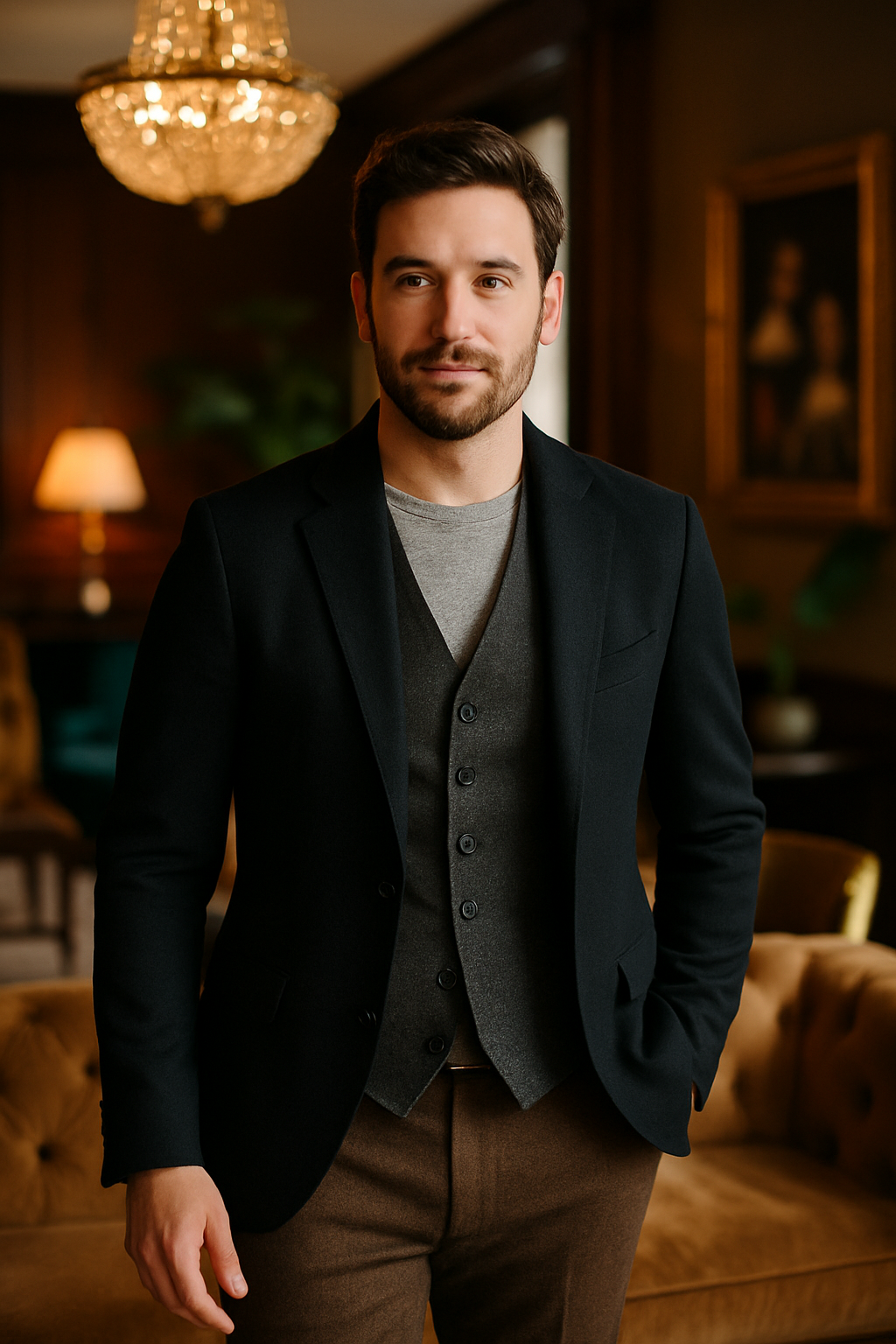 A man wearing a black blazer over a gray vest, standing in a stylish interior.