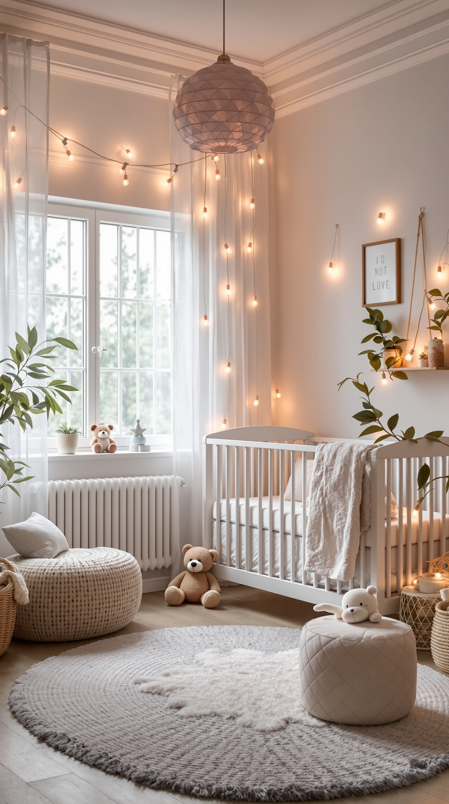 A cozy baby room with smart lighting options, featuring a crib, soft rug, and decorative plants.