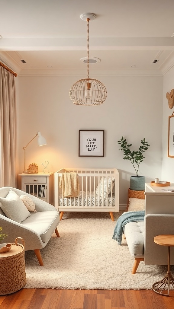 A cozy nursery with smart lighting options, including a pendant light and a lamp, creating a warm atmosphere.
